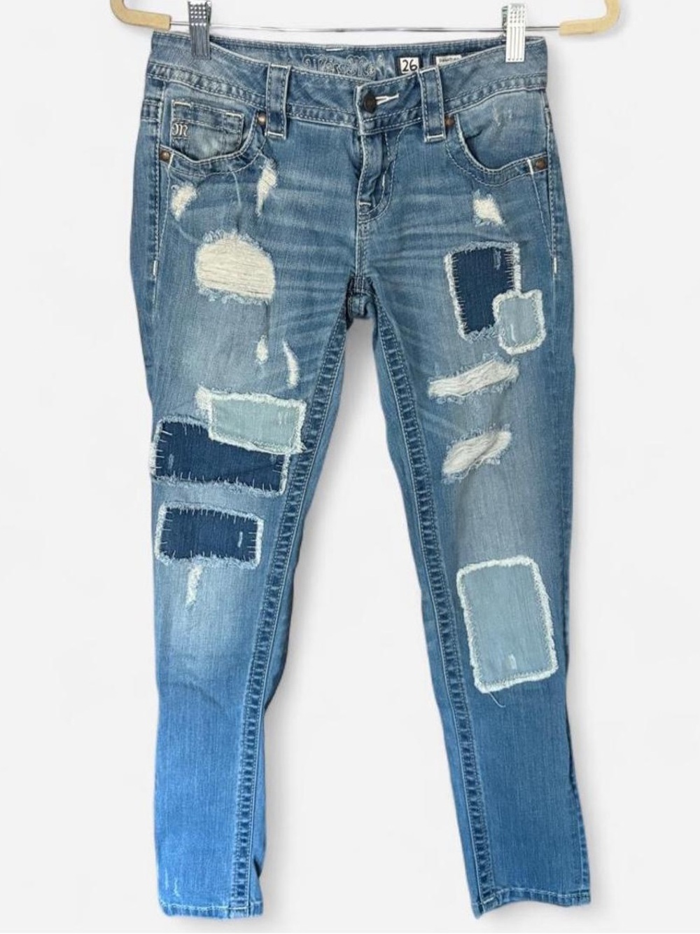 Miss Me Blue Denim Patchwork Distressed Jeans